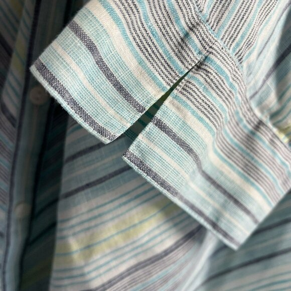 Chico's Women's Tunic Blouse Size Large Linen Blue Green Stripe 100% No Iron 3/4 - Picture 4 of 8